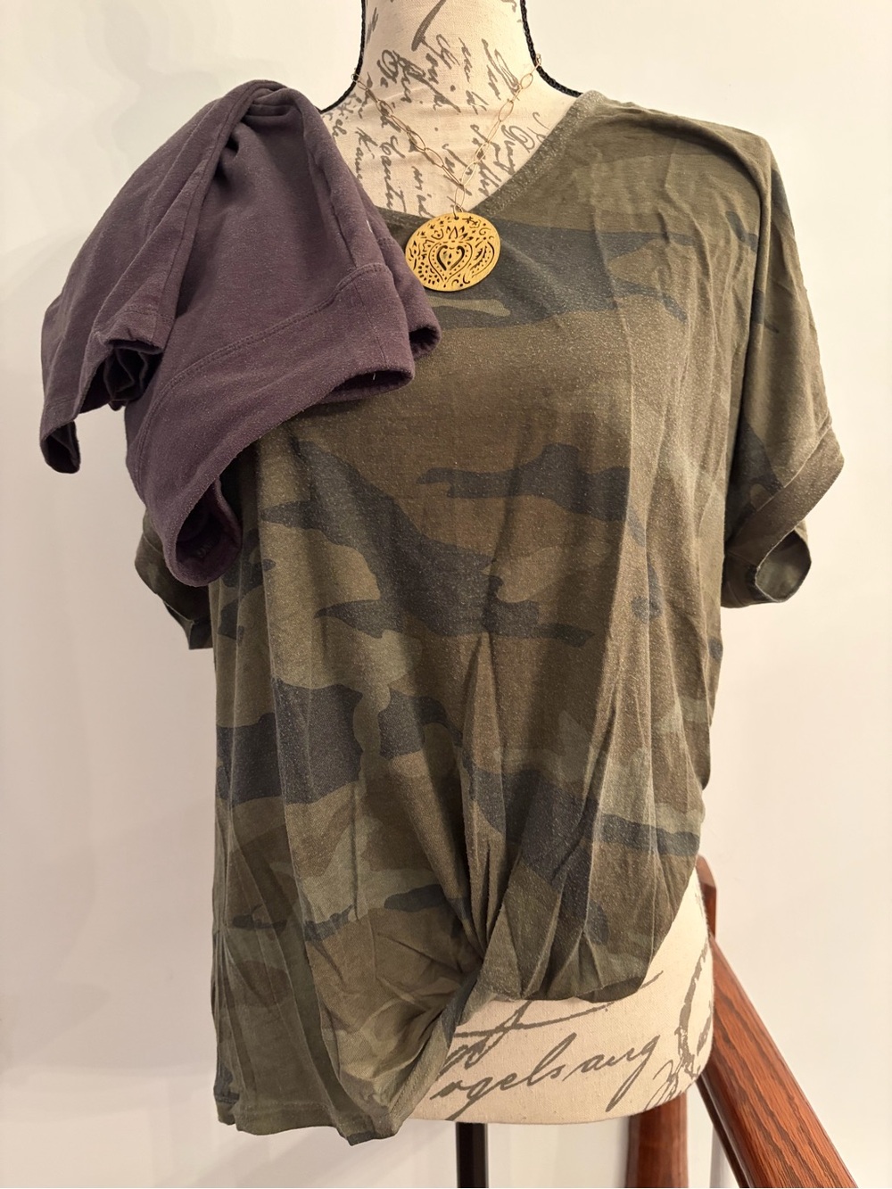 Dantelle Olive Camo V-Neck Knot Front Short Sleeve Top